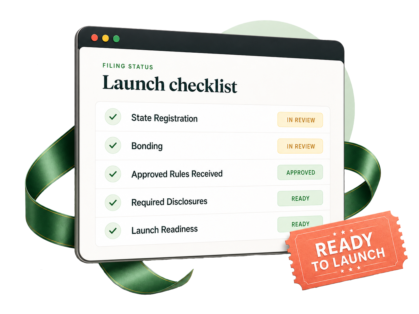 Illustrative launch checklist showing filing status items and a Ready to Launch ticket