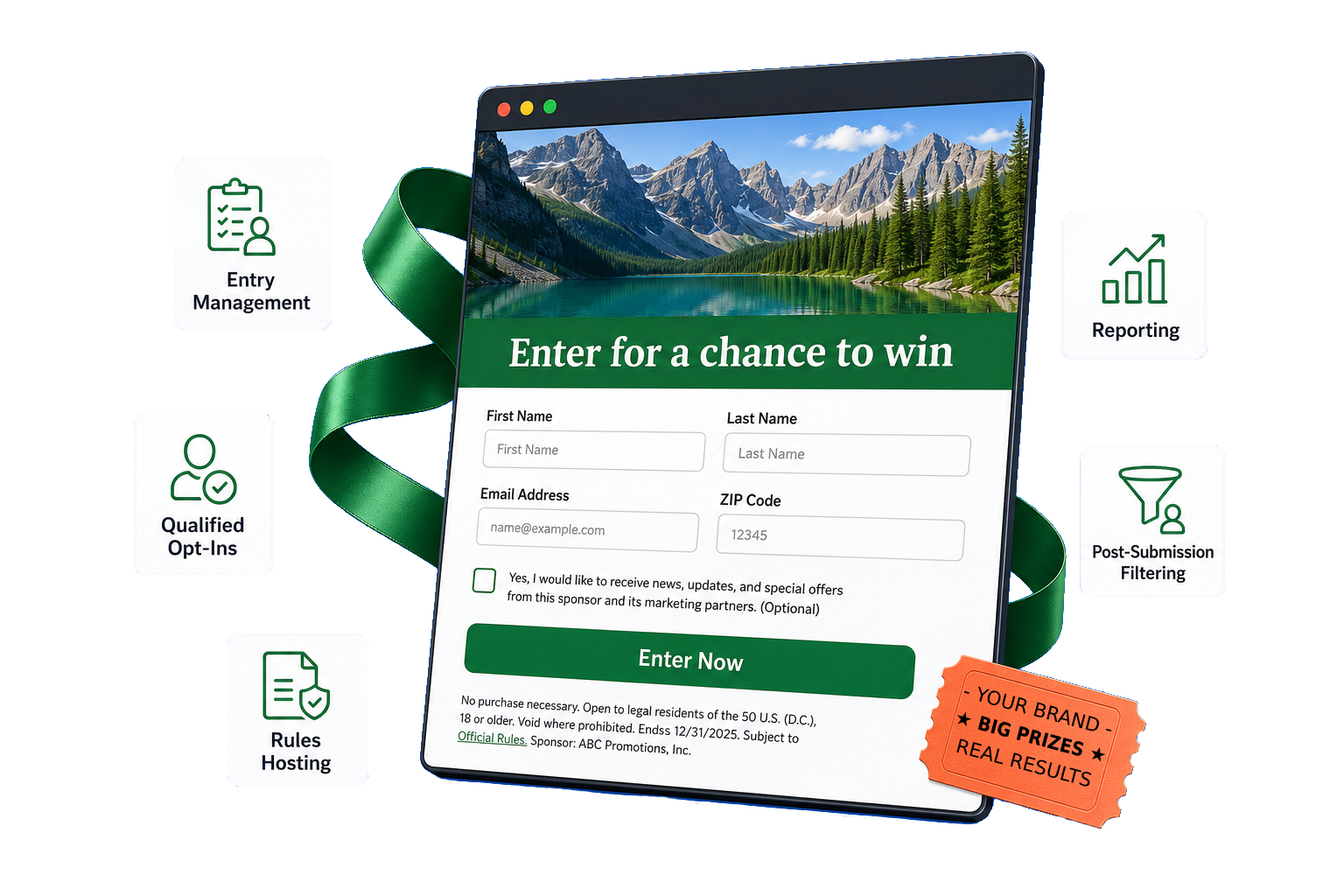 Sweepstakes entry experience with entry management, qualified opt-ins, rules hosting, reporting, and post-submission filtering